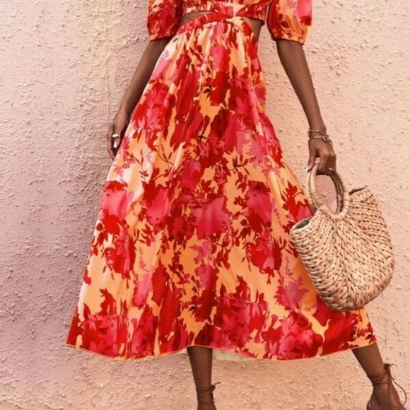 Boho Vacay Floral Cut Out Waist Puffed Sleeve Maxi Dress orange - Picture 6 of 6